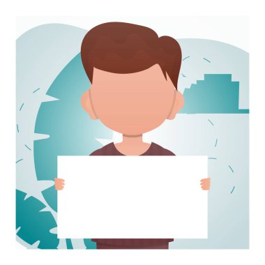 Küçük bir çocuk elinde boş bir çarşaf tutuyor. Reklamcılık. Çizgi film tarzı. Vektör illüstrasyonu