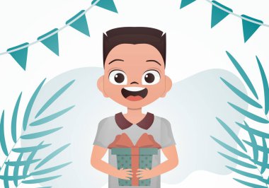 Sevimli bebek ayağa kalkar ve elinde fiyonklu güzel bir kutu tutar. Doğum günü. Çizgi film tarzı. Vektör illüstrasyonu