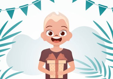 Sevimli bebek ayakta duruyor ve bir hediye kutusu tutuyor. Doğum günü. Çizgi film tarzı. Vektör illüstrasyonu