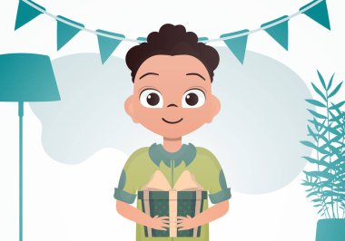 Sevimli bebek ayağa kalkar ve güzel bir kutu tutar. Doğum günü. Çizgi film tarzı. Vektör illüstrasyonu