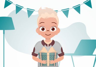 Sevimli bebek elinde fiyonklu büyük, güzel bir kutu tutuyor. Doğum günü. Çizgi film tarzı. Vektör illüstrasyonu