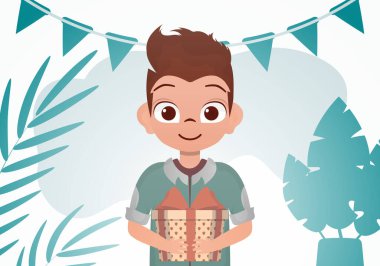 Sevimli bebek ayakta duruyor ve elinde bir hediye kutusu tutuyor. Doğum günü. Çizgi film tarzı. Vektör illüstrasyonu