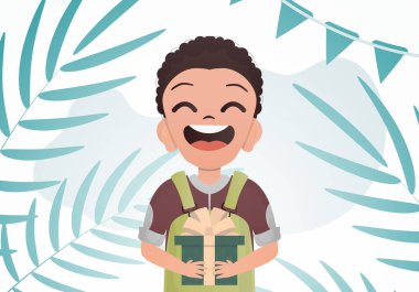 Sevimli bebek elinde yay olan bir kutuyu tutuyor. Doğum günü. Çizgi film tarzı. Vektör illüstrasyonu