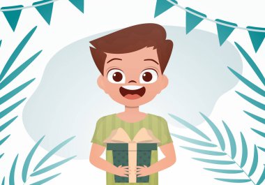 Sevimli bebek ayağa kalkar ve elinde fiyonkla bir kutu tutar. Doğum günü. Çizgi film tarzı. Vektör illüstrasyonu