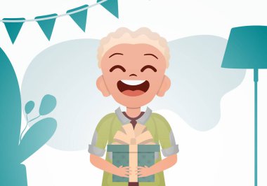 Sevimli bebek ayakta duruyor ve elinde güzel bir kutu tutuyor. Doğum günü. Çizgi film tarzı. Vektör illüstrasyonu