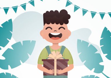 Gülümseyen anaokulu çocuğu elinde güzel bir kutu tutuyor. Doğum günü. Çizgi film tarzı. Vektör illüstrasyonu