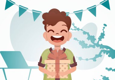 Gülümseyen anaokulu çocuğu elinde fiyonklu güzel bir kutu tutuyor. Doğum günü. Çizgi film tarzı. Vektör illüstrasyonu