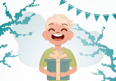 Elinde yaylı bir kutuyla gülümseyen anaokulu çocuğu. Doğum günü. Çizgi film tarzı. Vektör illüstrasyonu