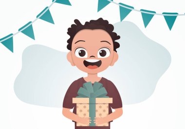 Sevimli bir çocuk elinde yay olan bir kutu tutuyor. Doğum günü. Çizgi film tarzı. Vektör illüstrasyonu