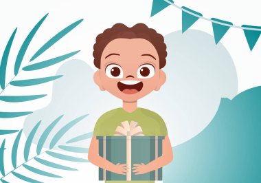 Küçük bir çocuk elinde fiyonklu büyük, güzel bir kutu tutuyor. Doğum günü. Çizgi film tarzı. Vektör illüstrasyonu