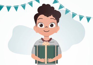 Şirin bir çocuk elinde bir hediye kutusu tutuyor. Doğum günü. Çizgi film tarzı. Vektör illüstrasyonu