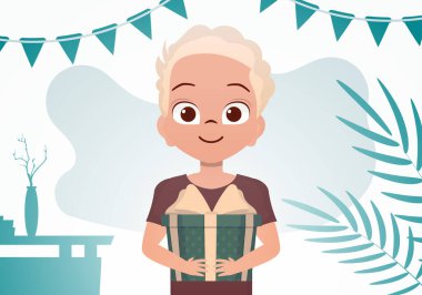 Küçük bir çocuk güzel bir kutu tutuyor. Doğum günü. Çizgi film tarzı. Vektör illüstrasyonu