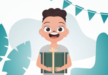 Küçük bir çocuk elinde yaylı bir kutu tutuyor. Doğum günü. Çizgi film tarzı. Vektör illüstrasyonu