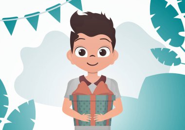 Küçük bir çocuk bir hediye kutusu tutuyor. Doğum günü. Çizgi film tarzı. Vektör illüstrasyonu