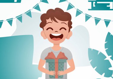 Küçük bir çocuk elinde güzel bir kutu tutuyor. Doğum günü. Çizgi film tarzı. Vektör illüstrasyonu