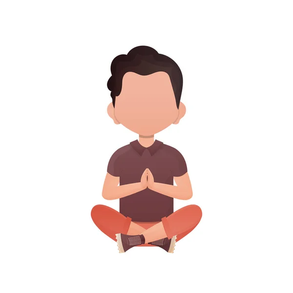 Cute Preschool Boy Engaged Lotus Position Isolated Cartoon Style Vector — Stok Vektör