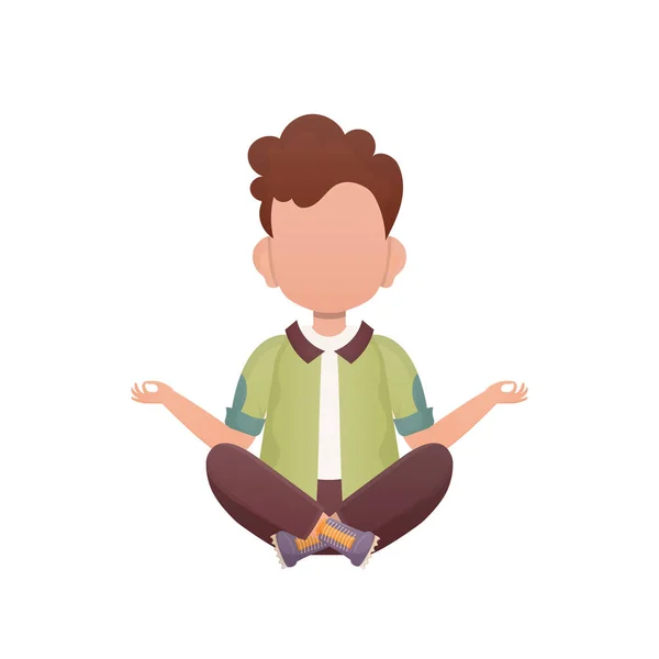 Little Boy Sits Meditates Isolated Cartoon Style Vector Illustration — Stock Vector