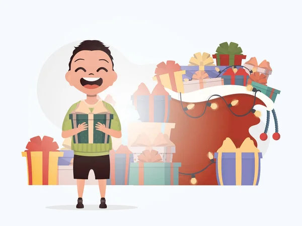 Sonriente Niño Preescolar Para Sostiene Una Hermosa Caja Navidad Estilo — Vector de stock