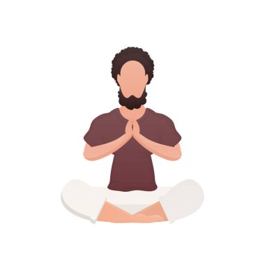 Genç bir adam oturuyor ve meditasyon yapıyor. İzole edilmiş. Çizgi film tarzı. Vektör illüstrasyonu