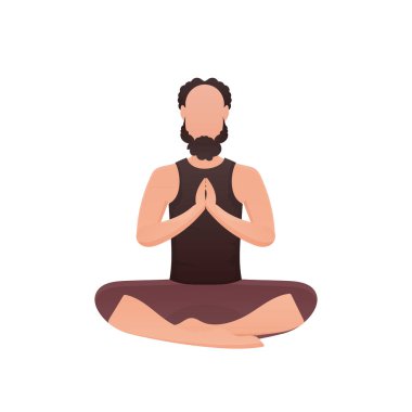 Adam oturur ve meditasyon yapar. İzole edilmiş. Çizgi film tarzı. Vektör illüstrasyonu