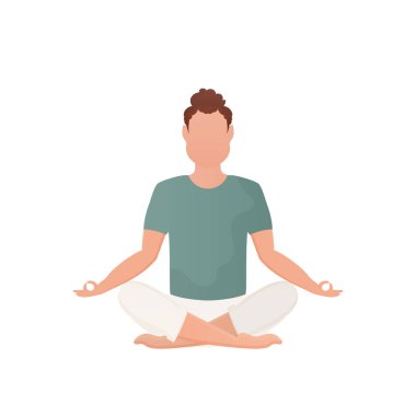 A man sits in a lotus position and meditates. Isolated. Cartoon style. Vector illustration