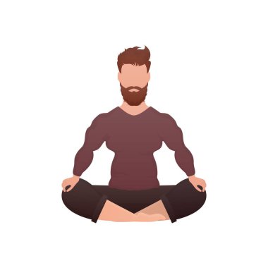 Güçlü fiziği olan adam meditasyon yapıyor. İzole edilmiş. Çizgi film tarzı. Vektör illüstrasyonu