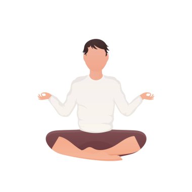Bir adam oturur ve meditasyon yapar. İzole edilmiş. Çizgi film tarzı. Vektör illüstrasyonu