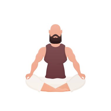 Bir adam oturur ve meditasyon yapar. İzole edilmiş. Çizgi film tarzı. Vektör illüstrasyonu