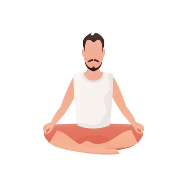 Bir adam oturuyor ve yoga yapıyor. İzole edilmiş. Çizgi film tarzı. Vektör illüstrasyonu