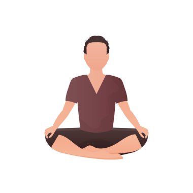 Bir adam oturur ve meditasyon yapar. İzole edilmiş. Çizgi film tarzı. Vektör illüstrasyonu
