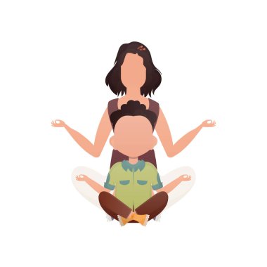 Genç bir kız ve anaokulu çağındaki bir oğlan oturup yoga yapıyorlar. İzole edilmiş. Çizgi film tarzı. Vektör illüstrasyonu