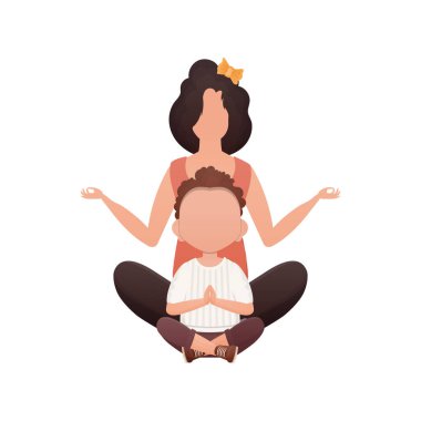 Bir kadın ve küçük bir çocuk oturmuş meditasyon yapıyorlar. İzole edilmiş. Çizgi film tarzı. Vektör illüstrasyonu