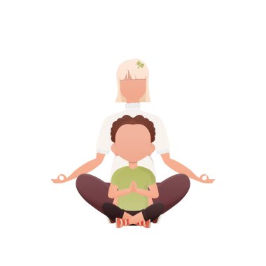 Bir kadın ve küçük bir çocuk lotus pozisyonunda yoga yapıyorlar. İzole edilmiş. Çizgi film tarzı. Vektör illüstrasyonu