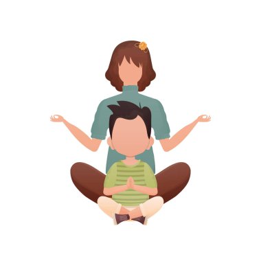 Anne ve küçük oğlu nilüfer çiçeği pozisyonunda yoga yapıyorlar. İzole edilmiş. Çizgi film tarzı. Vektör illüstrasyonu