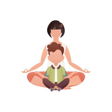 Anne ve oğlu oturup yoga yapıyorlar. İzole edilmiş. Çizgi film tarzı. Vektör illüstrasyonu