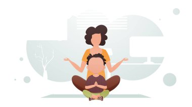 Anne ve küçük oğlu odada oturmuş yoga yapıyorlar. Meditasyon. Çizgi film tarzı. Vektör illüstrasyonu