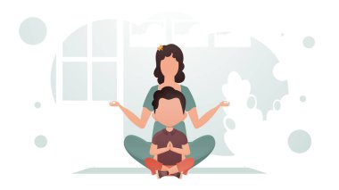 Anne ve oğlu nilüfer pozisyonunda yoga yapıyorlar. Meditasyon. Çizgi film tarzı. Vektör illüstrasyonu