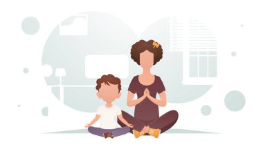 Anne ve oğlu oturmuş meditasyon yapıyorlar. Meditasyon. Çizgi film tarzı. Vektör illüstrasyonu