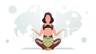 Anne ve oğlu nilüfer pozisyonunda oturuyor. Meditasyon. Çizgi film tarzı. Vektör illüstrasyonu