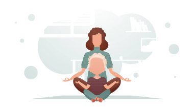 Anne ve oğlu odada oturmuş lotus pozisyonunda yoga yapıyorlar. Meditasyon. Çizgi film tarzı. Vektör illüstrasyonu