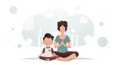 Anne ve oğlu Lotus pozisyonunda bir odada oturuyorlar. Yoga. Çizgi film tarzı. Vektör illüstrasyonu