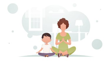 Anne ve oğlu odada oturmuş meditasyon yapıyorlar. Meditasyon. Çizgi film tarzı. Vektör illüstrasyonu
