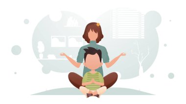 Anne ve oğlu odada oturmuş yoga yapıyorlar. Yoga. Çizgi film tarzı. Vektör illüstrasyonu