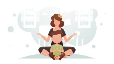 Anne ve oğlu odada oturmuş yoga yapıyorlar. Meditasyon. Çizgi film tarzı. Vektör illüstrasyonu