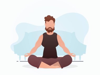 Bir adam bir odada oturur ve yoga yapar. Meditasyon. Çizgi film tarzı. Vektör illüstrasyonu