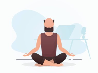 Bir adam bir odada oturup meditasyon yapıyor. Yoga. Çizgi film tarzı. Vektör illüstrasyonu
