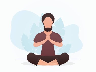 Güçlü fiziği olan bir adam lotus pozisyonunda oturur. Meditasyon. Çizgi film tarzı. Vektör illüstrasyonu