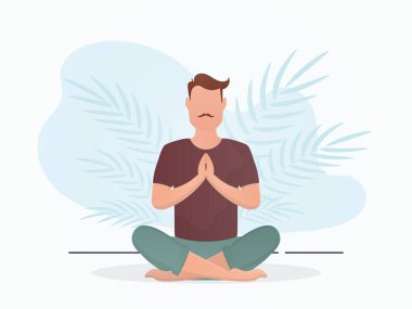 Bir adam bir odada oturmuş meditasyon yapıyor. Yoga. Çizgi film tarzı. Vektör illüstrasyonu