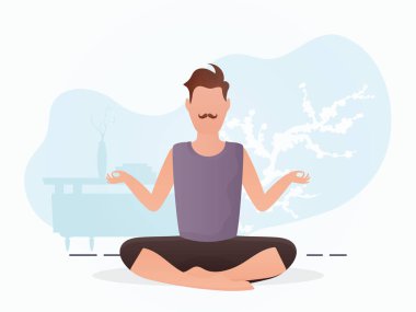 The guy of a strong physique sits meditating. Yoga. Cartoon style. Vector illustration