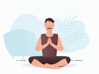 Güçlü fiziği olan bir adam oturuyor ve yoga yapıyor. Yoga. Çizgi film tarzı. Vektör illüstrasyonu
